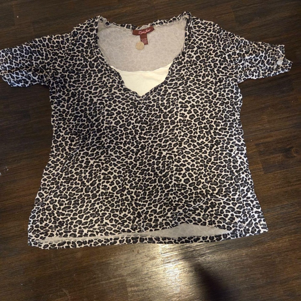 Zena Jeans Womens XL LeopardPrint V-Neck Layered Look Cotton T-Shirt Black White